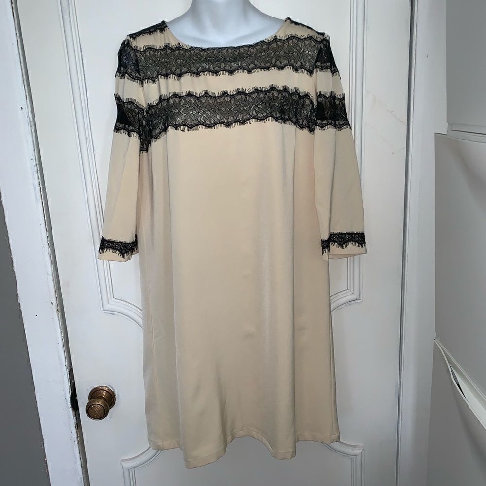 JOVONNA LONDON Beige Shift Dress w Black Lace-12
